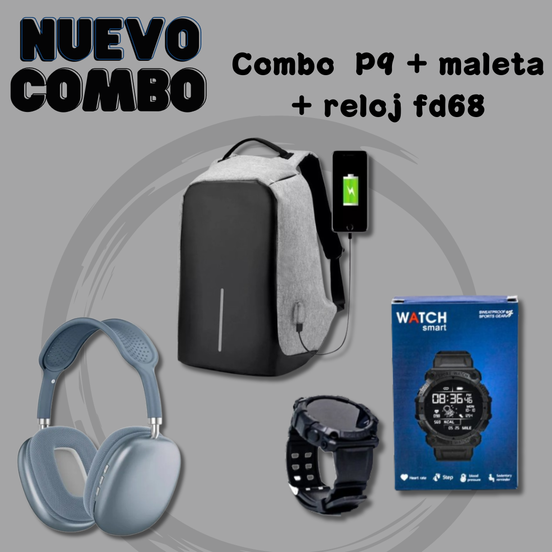 Combo Maleta Antirobo + Reloj FD68 + Audifonos P9