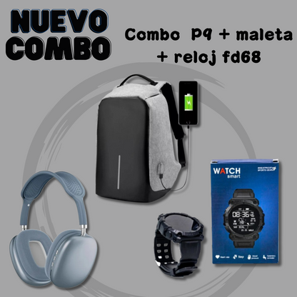 Combo Maleta Antirobo + Reloj FD68 + Audifonos  P9